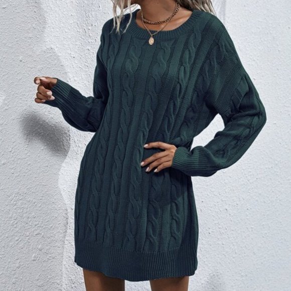 Dresses & Skirts - teal oversized chunky knit cable sweater dress